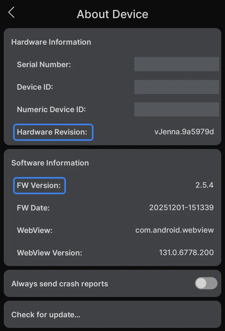 The X2i’s About Device screen. A Hardware Information card lists serial number, device ID, numeric device ID and hardware revision, with the first three values blanked out in this capture; a Software Information card below it lists FW Version, FW Date, WebView and WebView Version. Two row labels are outlined: Hardware Revision in the upper card and FW Version in the lower one. Below the cards sit a crash reports switch and a Check for update button.