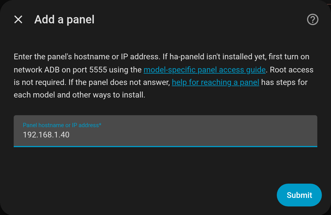 Der Schritt Panel hinzufügen mit eingetragener IP-Adresse des Panels