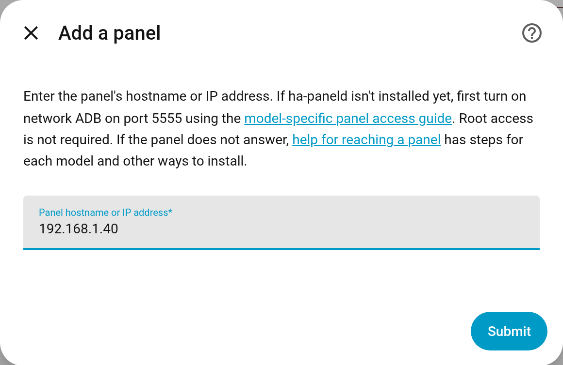 Der Schritt Panel hinzufügen mit eingetragener IP-Adresse des Panels