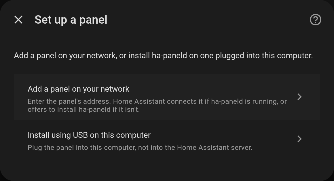 Der Schritt Panel einrichten in Home Assistant bietet Panel im Netzwerk hinzufügen oder Über USB an diesem Computer installieren an