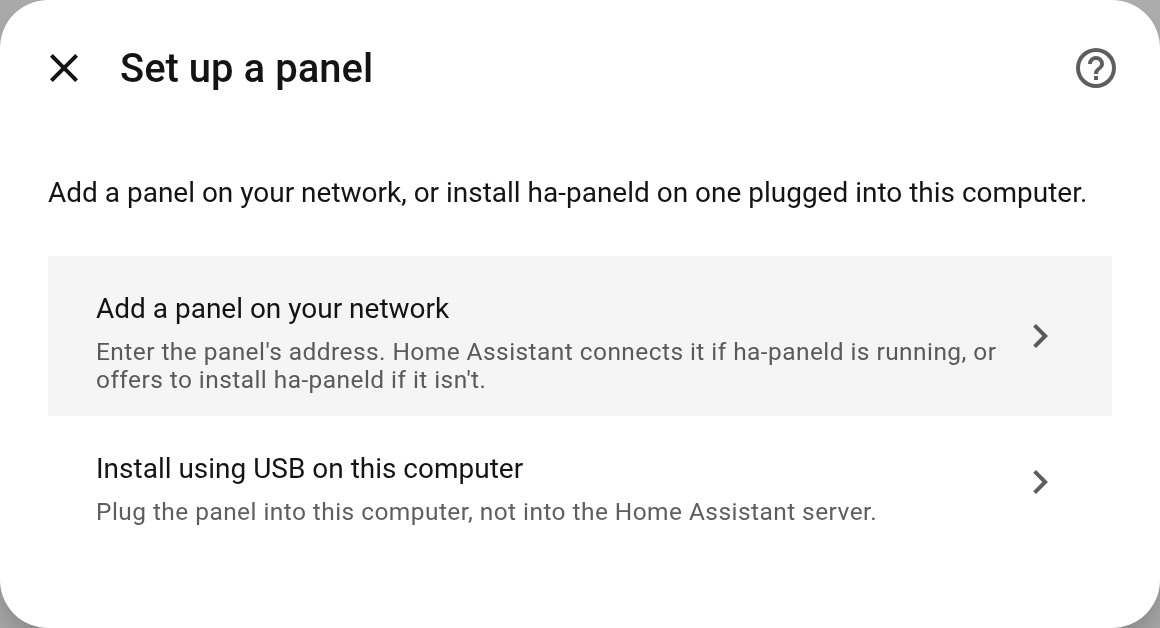 Der Schritt Panel einrichten in Home Assistant bietet Panel im Netzwerk hinzufügen oder Über USB an diesem Computer installieren an