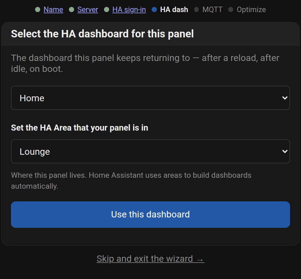 Der Assistent mit einem für das Panel ausgewählten Dashboard und einem Home Assistant-Bereich