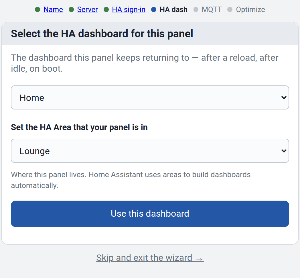 Der Assistent mit einem für das Panel ausgewählten Dashboard und einem Home Assistant-Bereich