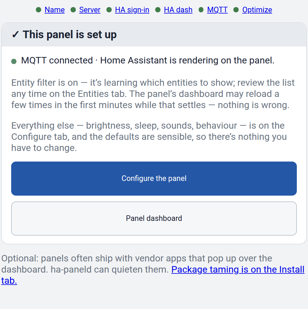 Der Assistent bestätigt, dass das Panel eingerichtet ist, und zeigt das Dashboard