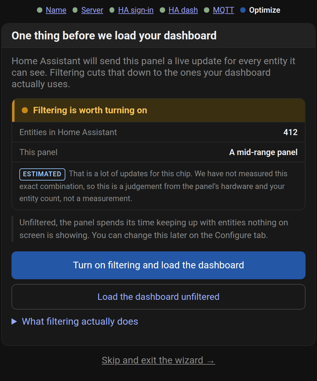 Der Assistent empfiehlt den Entitätenfilter für dieses Panel und zeigt die Anzahl der Home Assistant-Entitäten