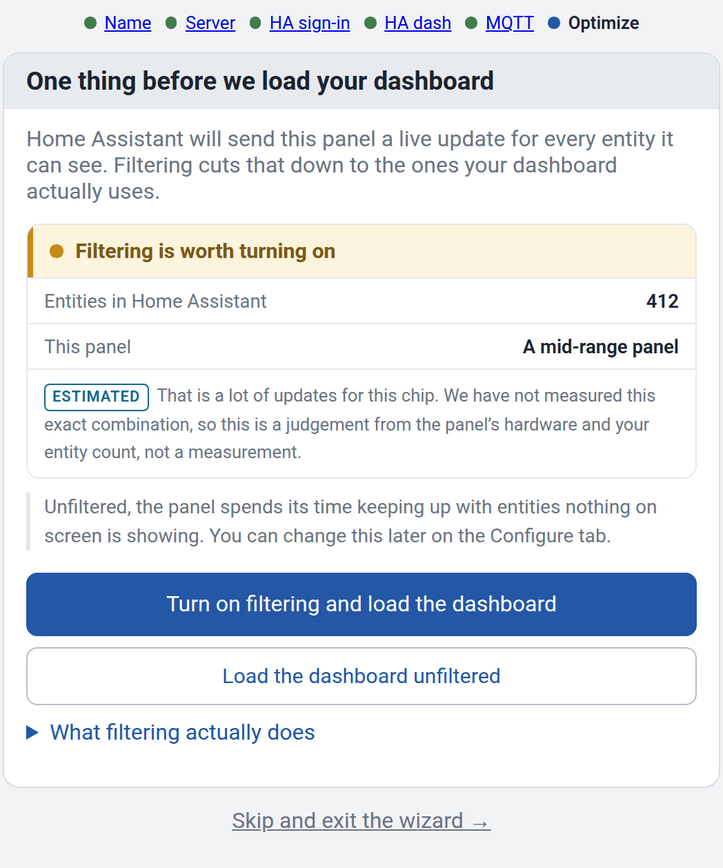 Der Assistent empfiehlt den Entitätenfilter für dieses Panel und zeigt die Anzahl der Home Assistant-Entitäten