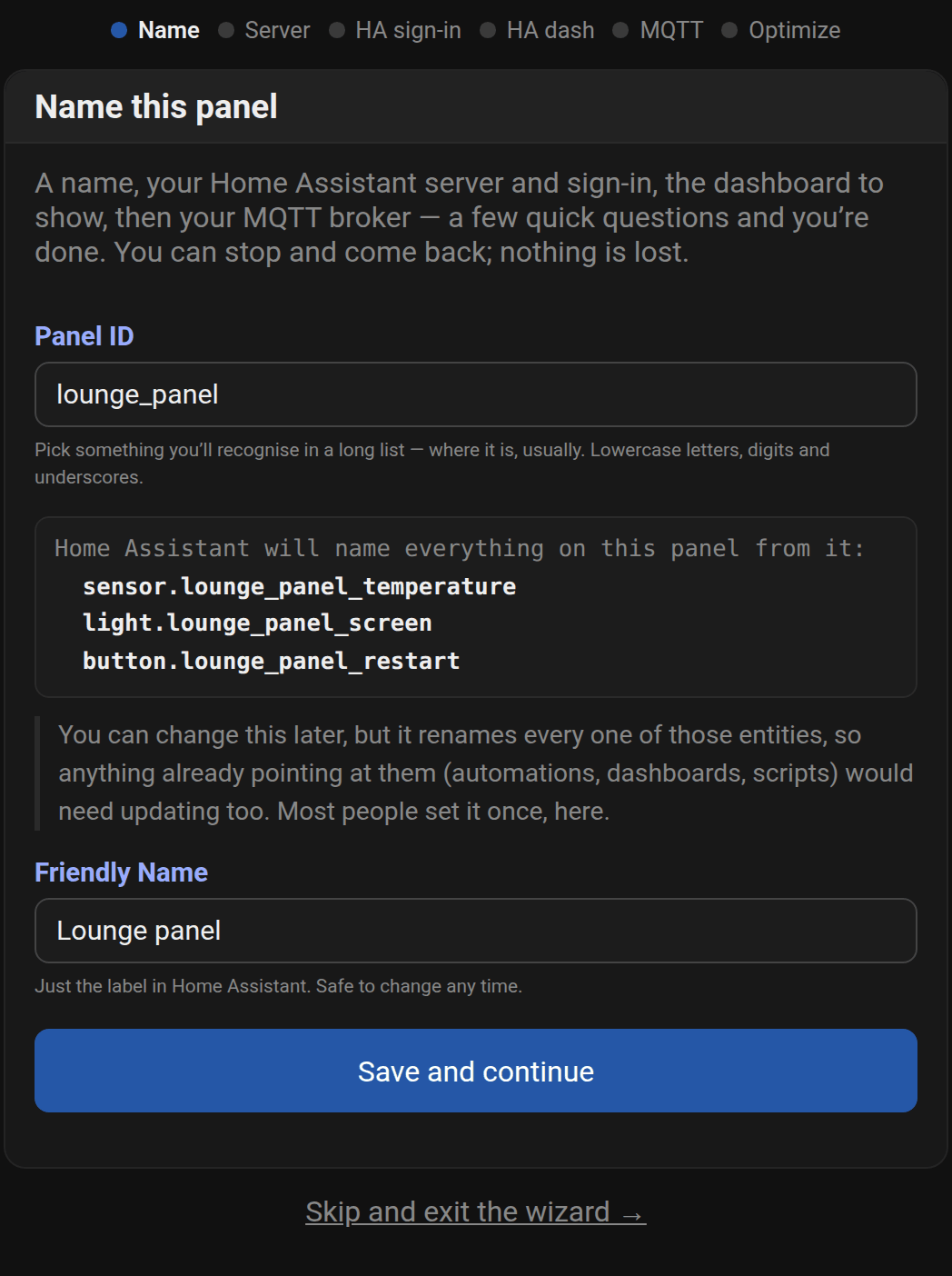 Der Einrichtungsassistent des Panels fragt nach Panel-ID und Anzeigename und zeigt eine Vorschau der Entitätsnamen, die Home Assistant verwenden wird