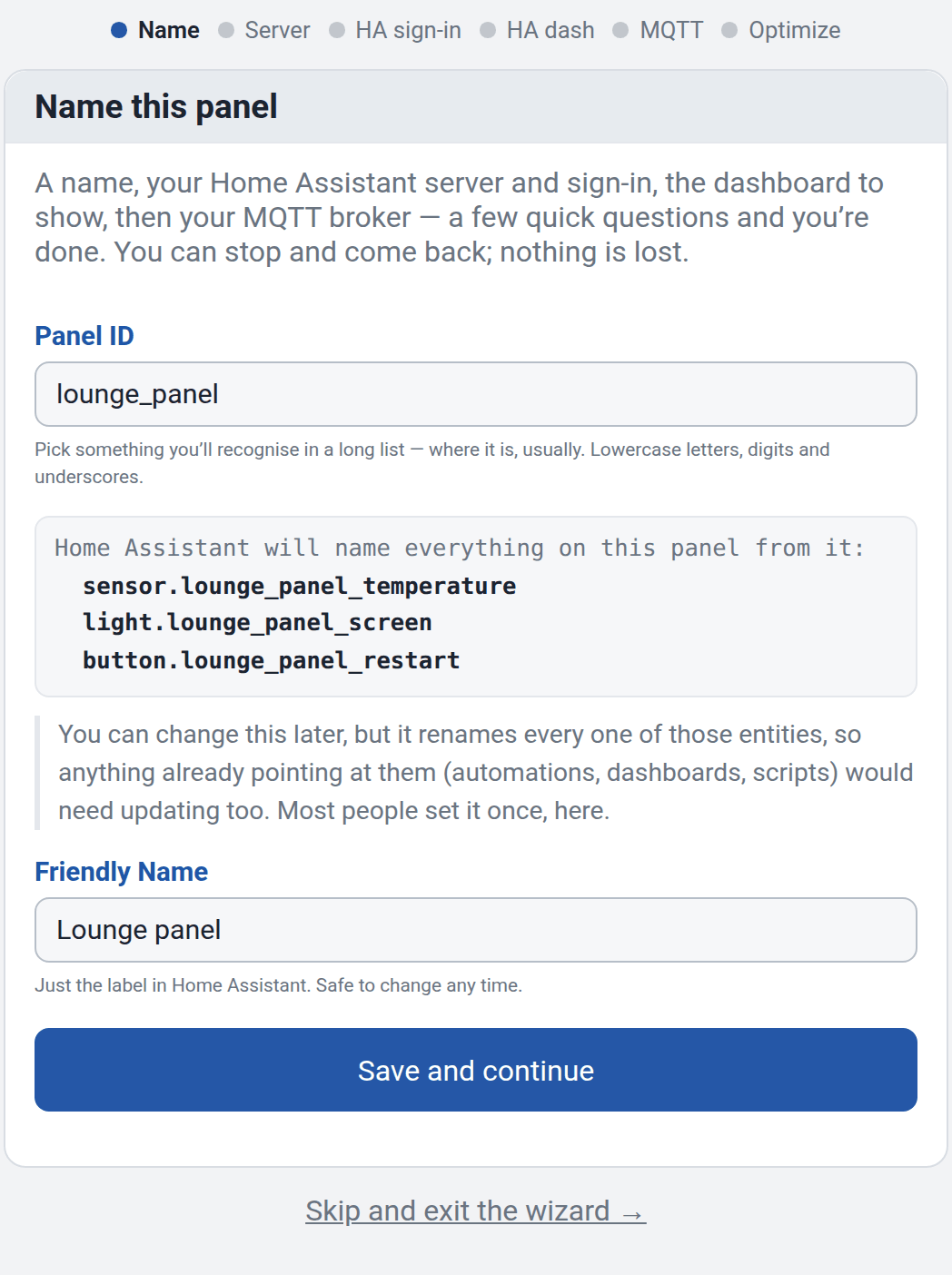 Der Einrichtungsassistent des Panels fragt nach Panel-ID und Anzeigename und zeigt eine Vorschau der Entitätsnamen, die Home Assistant verwenden wird