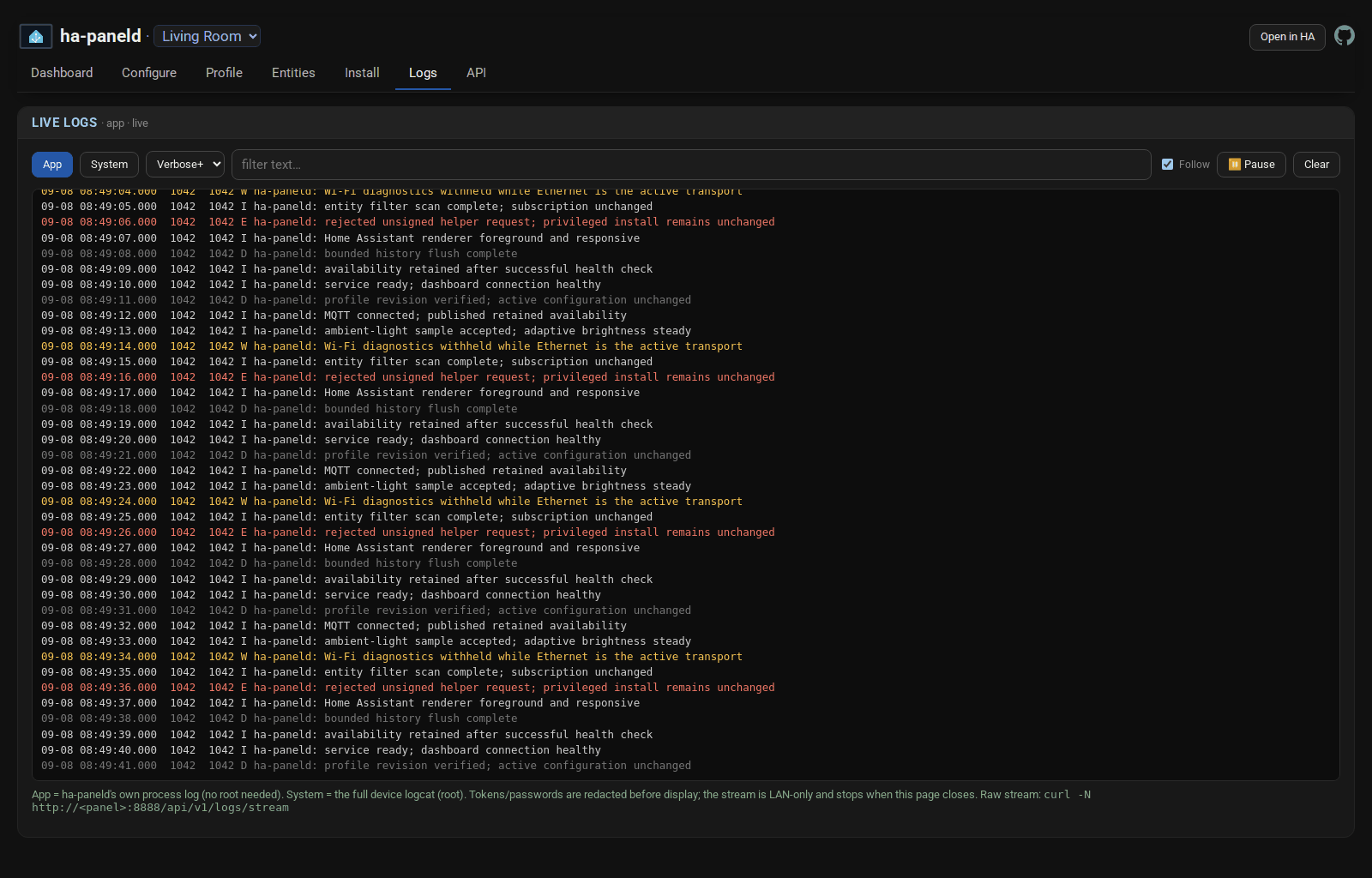 The Logs tab of the panel’s web interface, streaming the panel app’s live log with a filter box and Follow and Pause controls