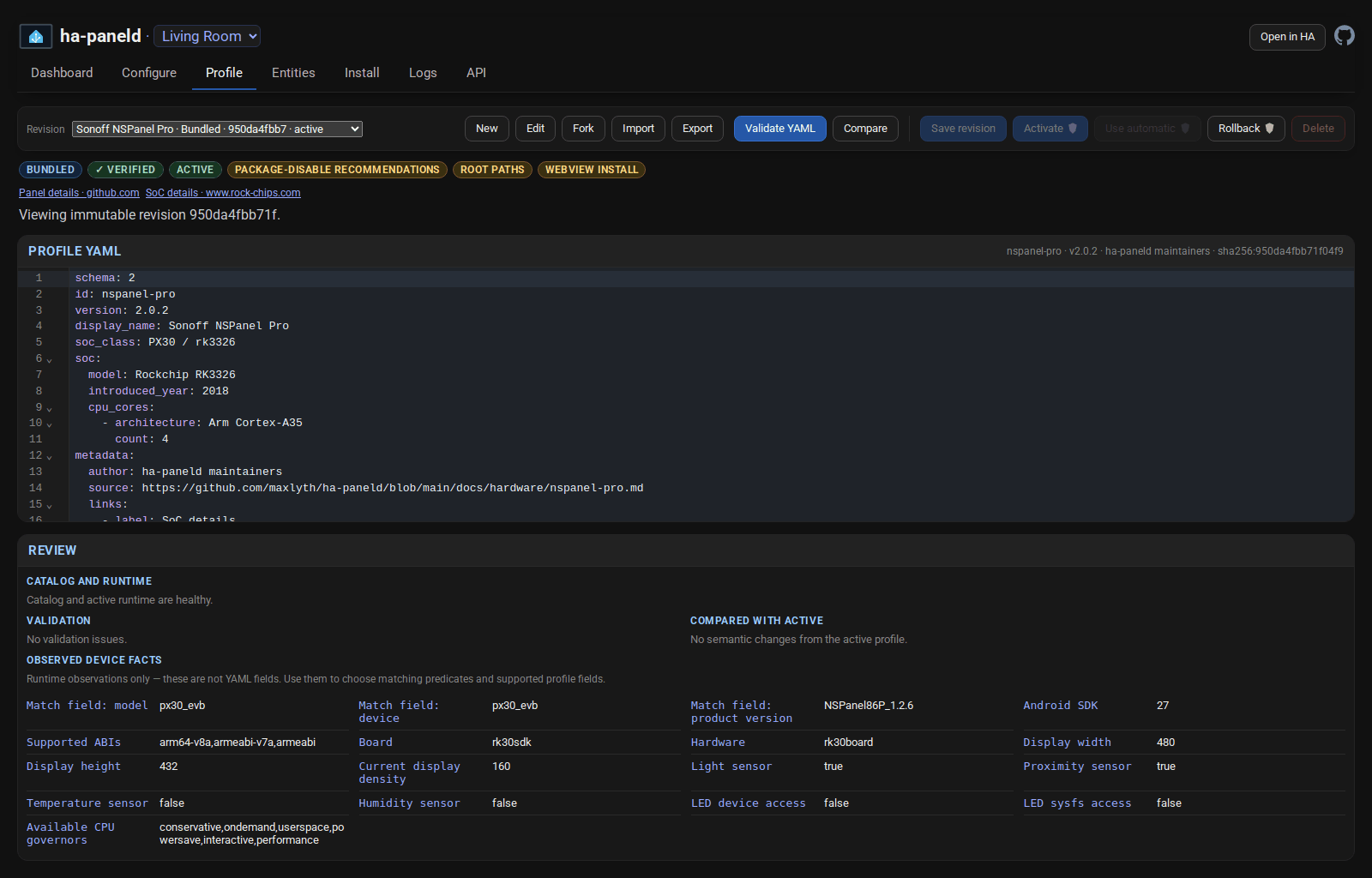 The panel’s Profile page showing a bundled revision’s YAML in the editor, with review badges for package-disable recommendations, root paths and WebView artifact metadata, and the observed device facts below