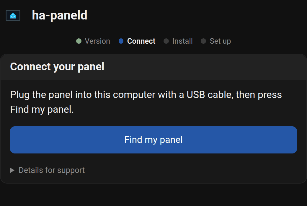 Das USB-Installationsprogramm fordert dich auf, das Panel anzuschließen und Mein Panel finden zu drücken