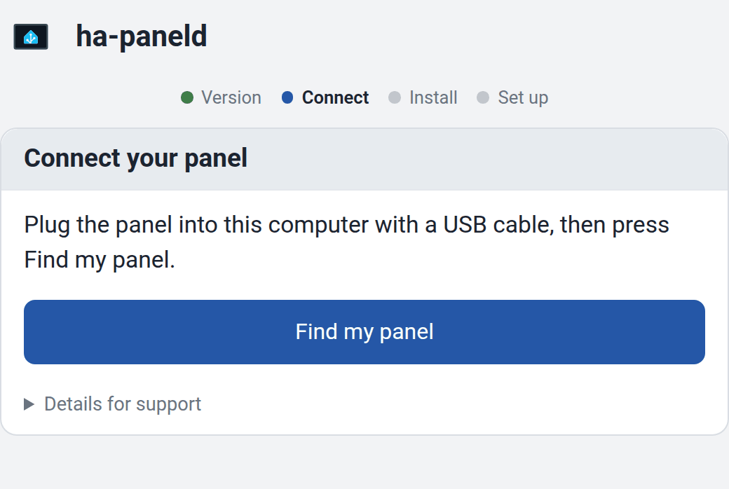 Das USB-Installationsprogramm fordert dich auf, das Panel anzuschließen und Mein Panel finden zu drücken